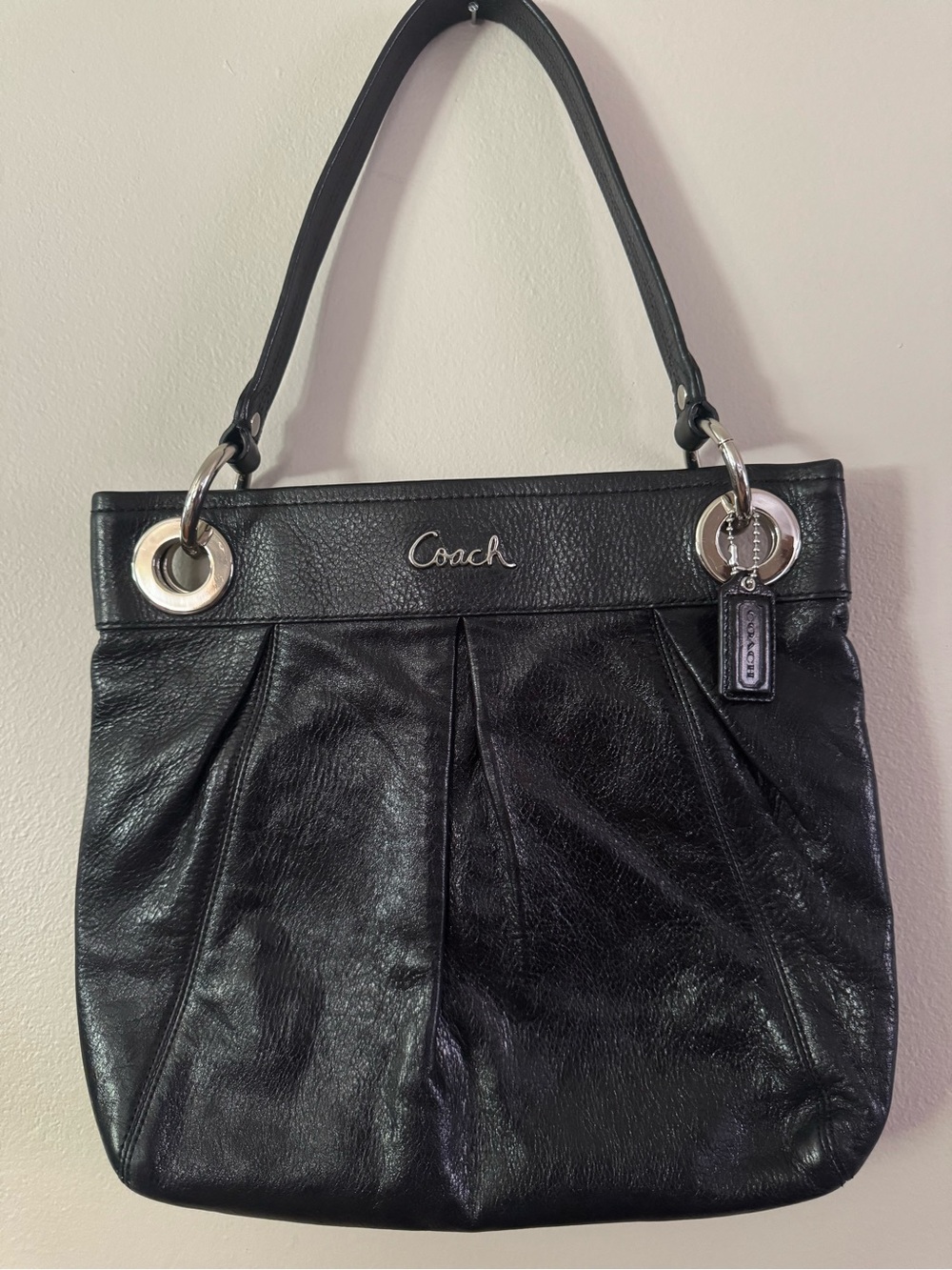 Vintage Coach Black Leather Shoulder Bag with Silver and Hardware
